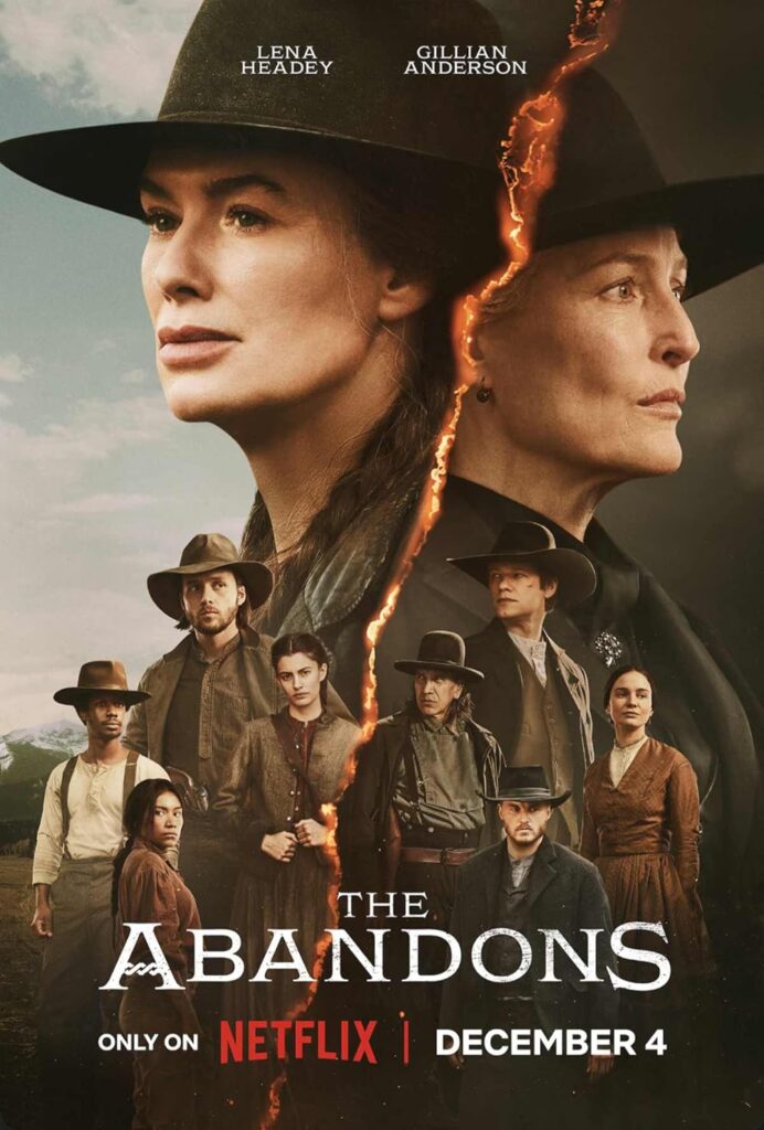 Promotional poster for Netflix series “The Abandons,” showing two opposing leaders and their groups divided by a fiery crack across a rugged frontier landscape. Image: Netflix.